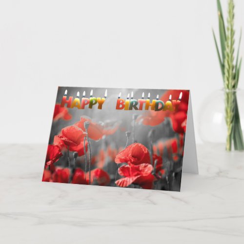 Red Poppy Flowers and Happy Birthday Candles   Card