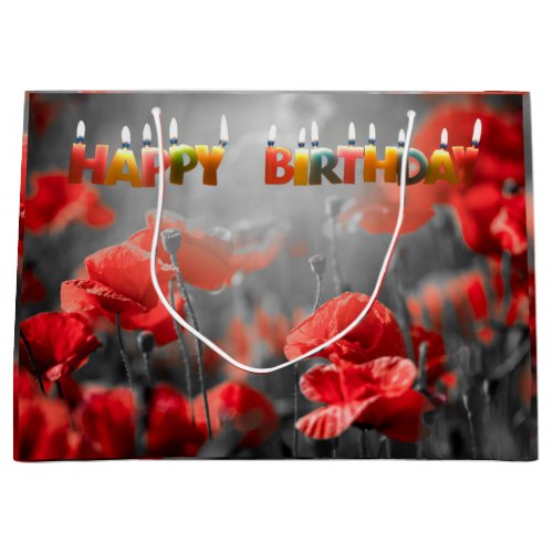 Red Poppy Flowers and Happy Birthday Candles   Large Gift Bag
