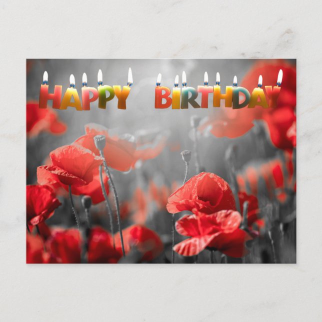 Red Poppy Flowers and Happy Birthday Candles  Postcard (Front)