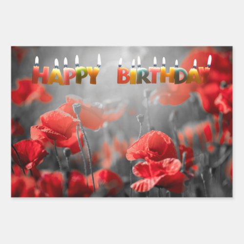 Red Poppy Flowers and Happy Birthday Candles  Wrapping Paper Sheets