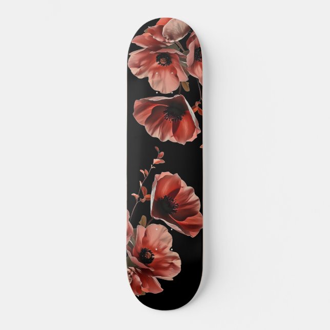 Red Poppy Flowers Black Skateboard (Front)