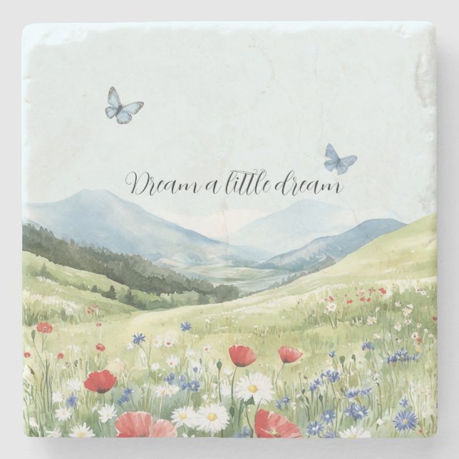 Red Poppy Flowers Blue Butterflies Stone Coaster (Front)