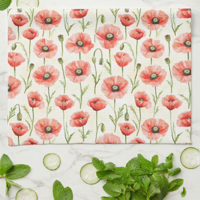Red Poppy Flowers Bridal Shower Kitchen Towel (Folded)