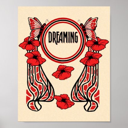 Red Poppy Flowers Butterfly Abstract Dreaming Poster