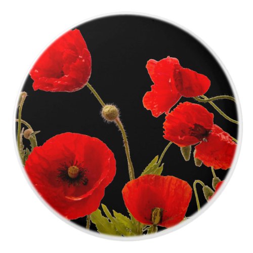 Red Poppy Flowers Colorful Floral Abstract Black Ceramic Knob
