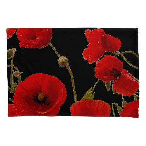 Red Poppy Flowers Colorful Floral Abstract Black  Pillow Case