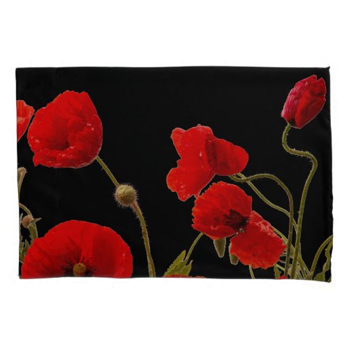 Red Poppy Flowers Colorful Floral Abstract Black Pillow Case