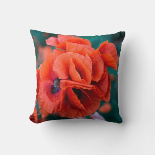 Red Poppy Flowers Colorful Floral Abstract Black Throw Pillow