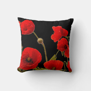Red Poppy Flowers Colorful Floral Abstract Black Throw Pillow