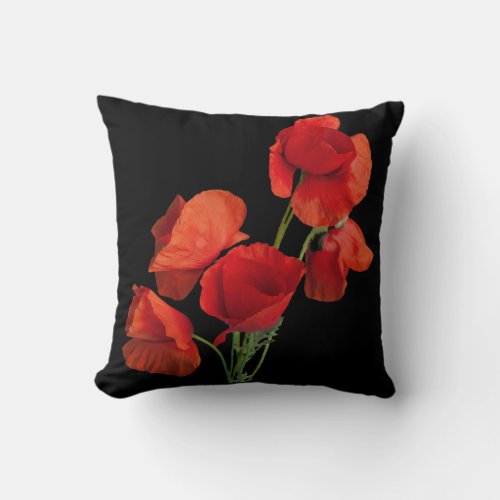 Red Poppy Flowers Colorful Floral Abstract Black  Throw Pillow