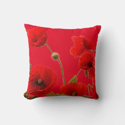 Red Poppy Flowers Colorful Floral Abstract Bright Throw Pillow