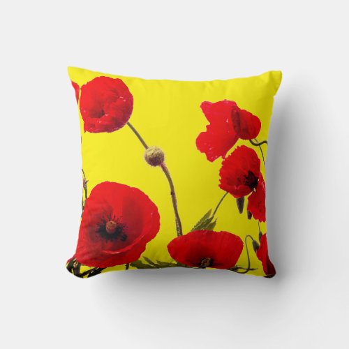 Red Poppy Flowers Colorful Floral Abstract Yellow Throw Pillow