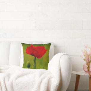 Red Poppy Flowers Colourful Floral Abstract Green Throw Pillow