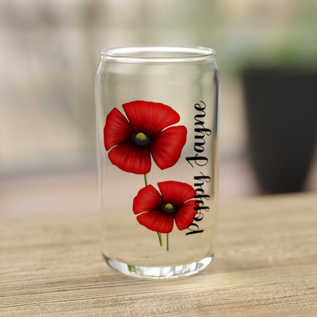 Red Poppy Flowers Custom Name Can Glass (A pretty poppy can shaped glass with space for your name)