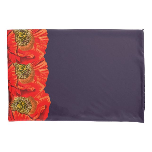 Red Poppy Flowers Edge & Dark Navy Pillowcase (Front)
