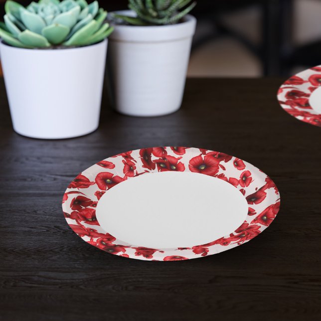 Red Poppy Flowers Edge Paper Plates (Perfect poppy paper plates for your picnics in the park or poppy parties. )