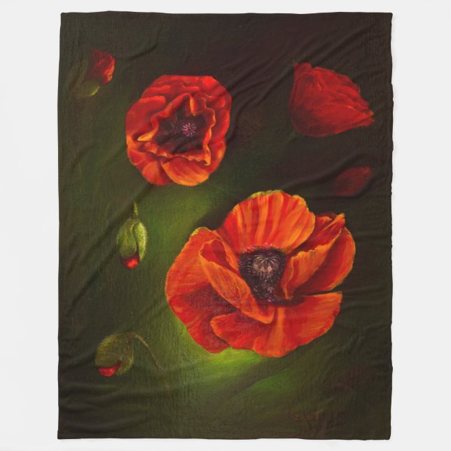 Red Poppy flowers Fleece Blanket (Front)