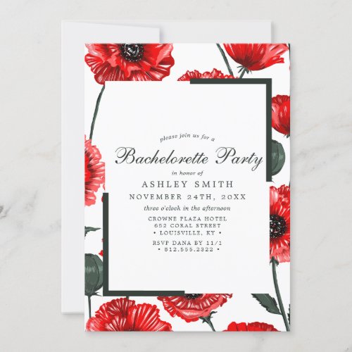 Red Poppy Flowers Floral Bachelorette Party Invitation