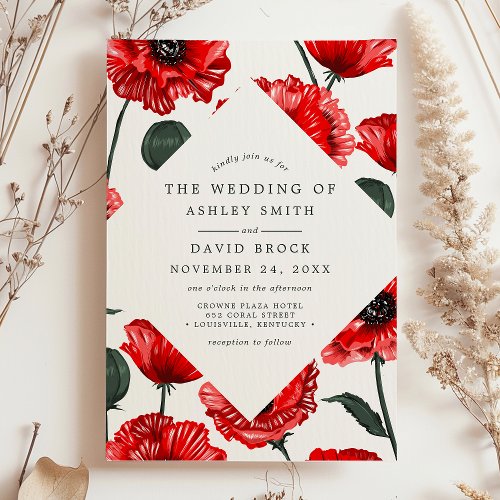 Red Poppy Flowers Floral Botanical Wedding Invitation