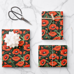 Red Poppy Flowers Floral Greenery Birthday Bridal Wrapping Paper Sheets