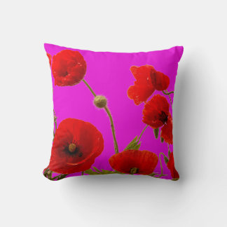 Red Poppy Flowers Floral Hot Pink Cute Chic Girly Throw Pillow