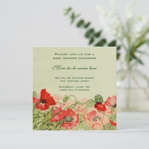 Red Poppy Flowers Floral Meadow Baby Shower Invitation