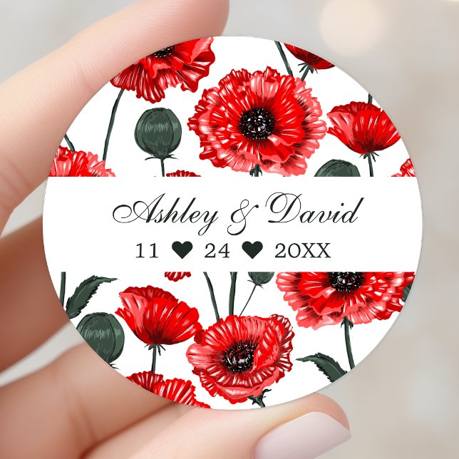 Red Poppy Flowers Floral Personalized Wedding Classic Round Sticker (Creator Uploaded)