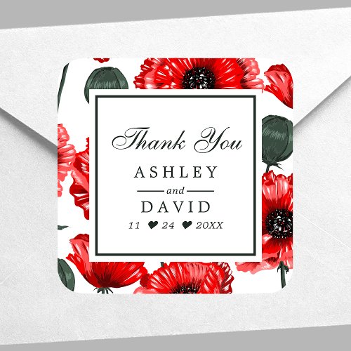 Red Poppy Flowers Floral Wedding Thank You Square Sticker