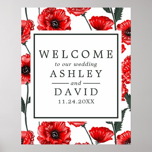 Red Poppy Flowers Floral Wedding Welcome Sign