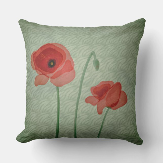 Red Poppy Flowers Green Filigree Abstract Outdoor Pillow (Front)