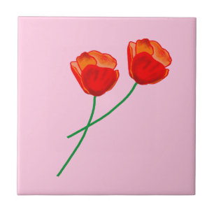 Red Poppy Flowers Heart Pastel Pink Ceramic Tile