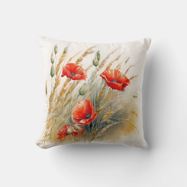 Red Poppy Flowers In The Wheat Field Throw Pillow (Front)