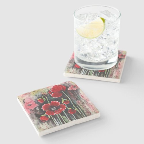 Red Poppy Flowers In Watercolor  Stone Coaster