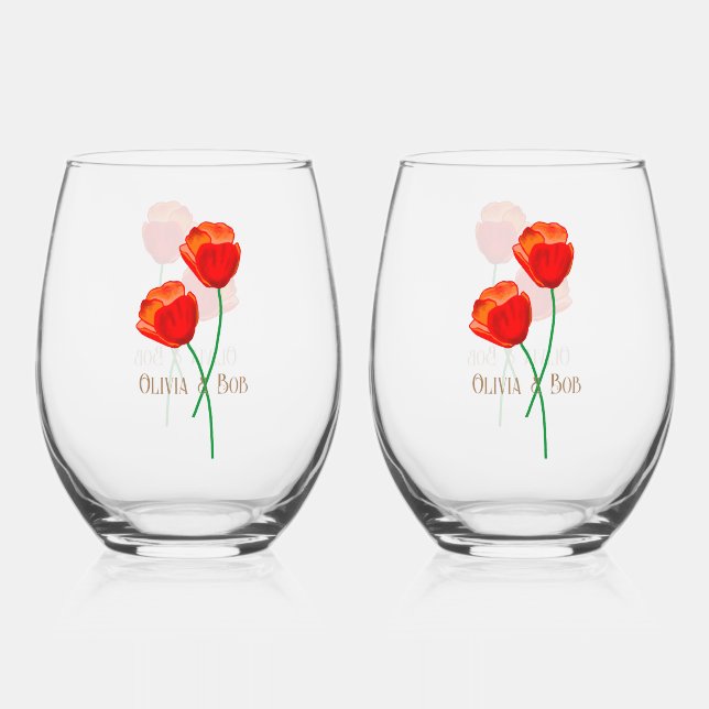 Red Poppy Flowers Lovers Personalized Stemless Wine Glass (Front)