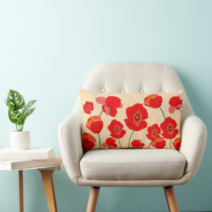 Red Poppy Flowers Lumbar Pillow