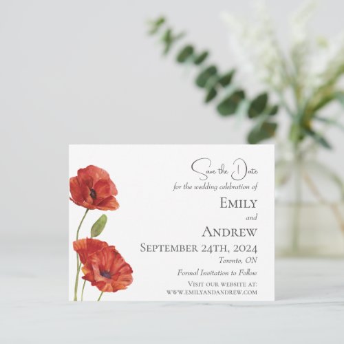 Red Poppy Flowers Minimalist Watercolor Wedding  Invitation Postcard