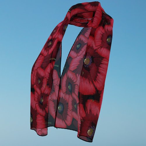 Red Poppy Flowers Modern Floral Chiffon Scarf