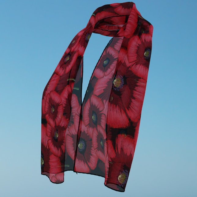 Red Poppy Flowers Modern Floral Chiffon Scarf (A pretty poppy patterned scarf just for you)