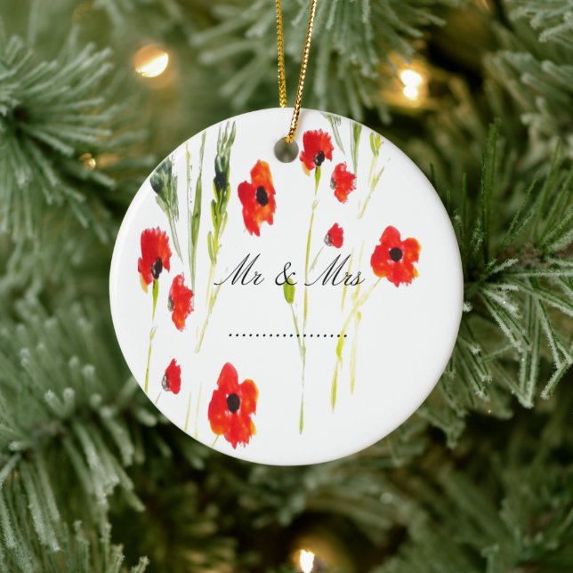 Red Poppy Flowers Mr & Mrs Ceramic Ornament (Tree)