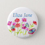 Red Poppy Flowers Name Tag Button Pin Butterflies at Zazzle