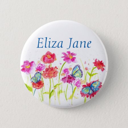 Red Poppy Flowers Name Tag Button Pin Butterflies