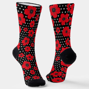 Red Poppy Flowers on Black and White Spots Socks