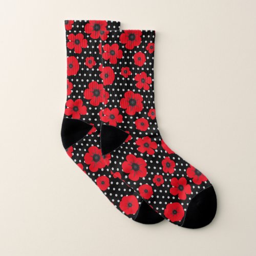 Red Poppy Flowers on Black and White Spots Socks