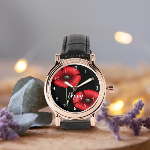 Red Poppy Flowers on Black Personalized Watch