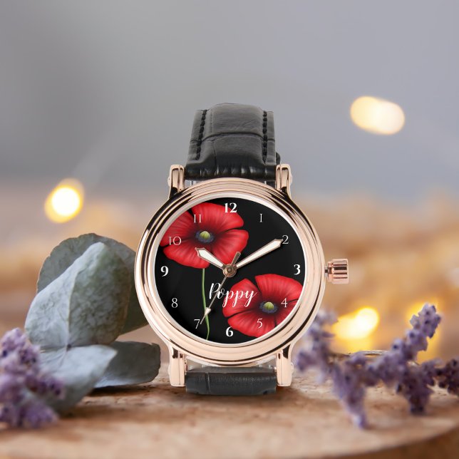 Red Poppy Flowers on Black Personalized Watch (Add your  name to this pretty poppy watch)