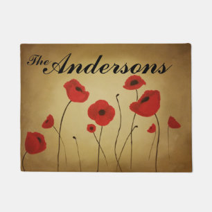 Red Poppy Flowers Painting Monogrammed Doormat
