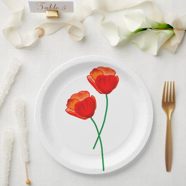 Red Poppy Flowers Paper Plates (Wedding)