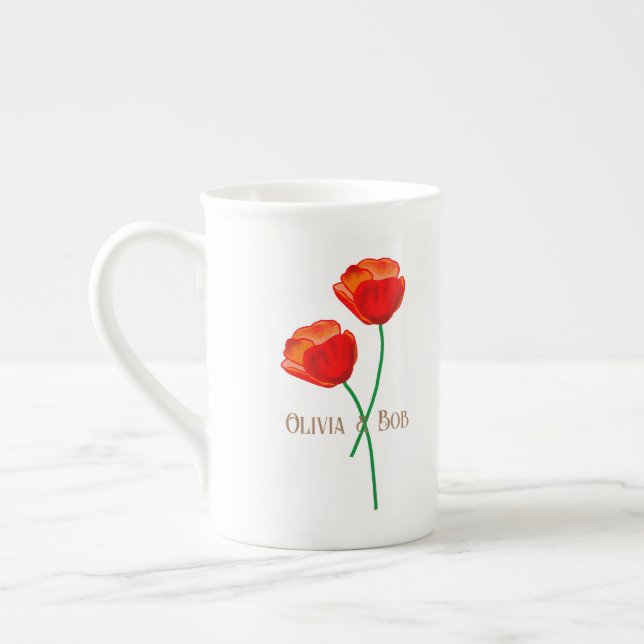 Red Poppy Flowers Personalized Bone China Mug (Left)