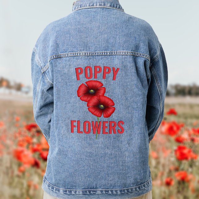 Red Poppy Flowers Personalized Denim Jacket (Pretty poppy denim jacket with space for your name)