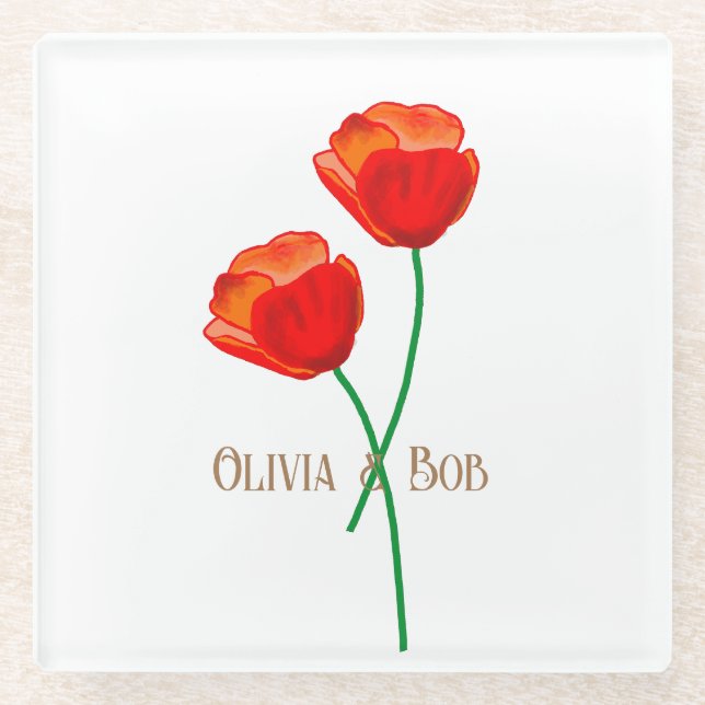 Red Poppy Flowers Personalized Glass Coaster (Front)